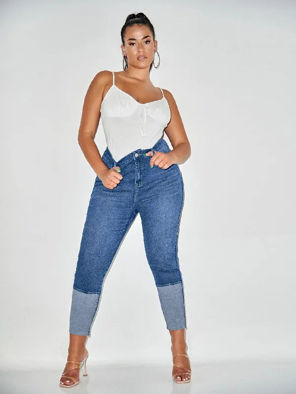 Colorblock Pocket High Waist Cropped Plus Size Jeans