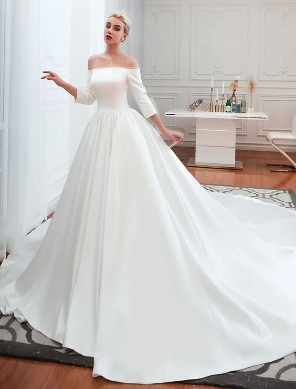 Vintage Wedding Dress 2021 Satin 3/4 Sleeve Off The Shoulder Floor Length Bridal Gowns With Chapel Train