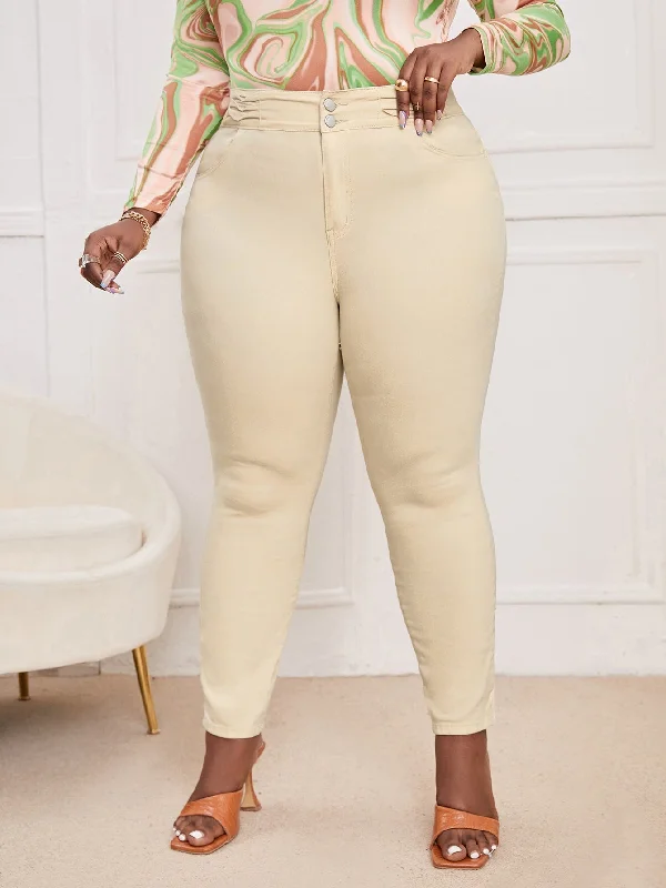 Plain Zipper High Waist Cropped Plus Size Jeans