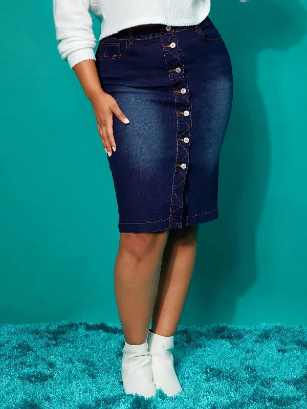 Plain Button Front High Waist Knee Length Plus Size Denim Skirt