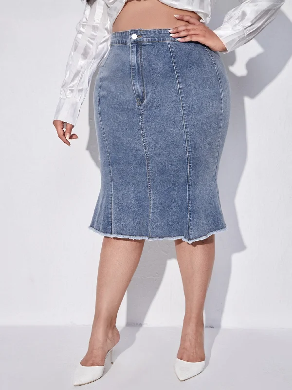 Plain Raw Hem High Waist Midi Plus Size Denim Skirt