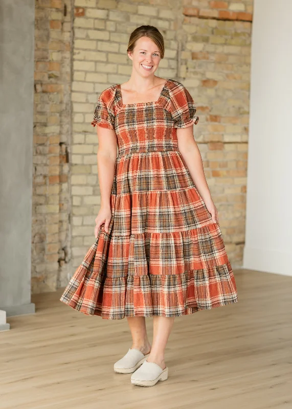 Plaid Smocked Tiered Short Sleeve Dress - FINAL SALE