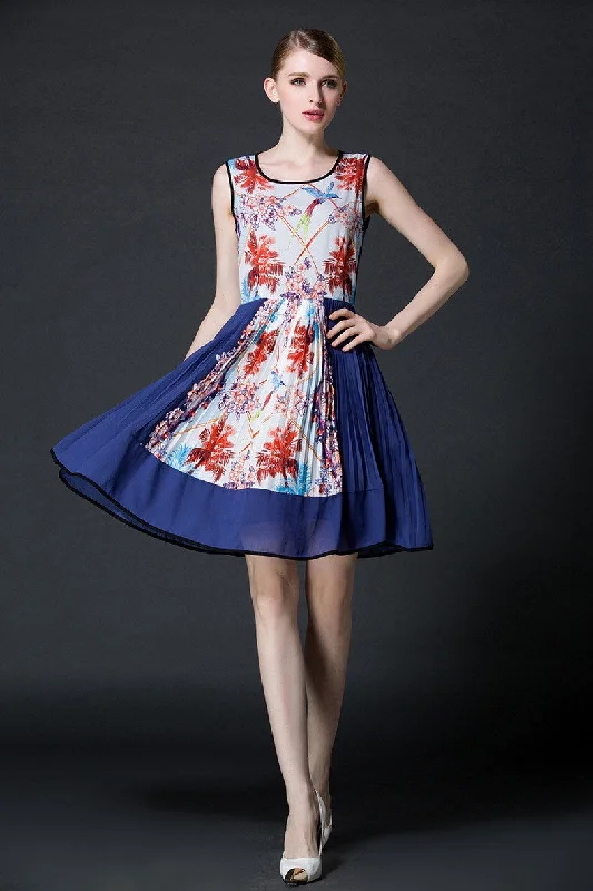 Floral Print Pleated Chiffon Dress