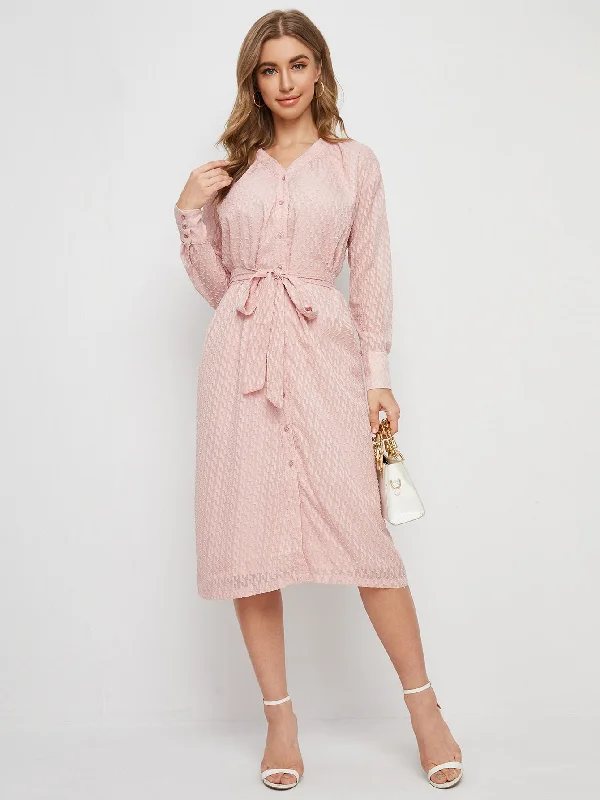 Plain Button Front Long Sleeve V Neck Straight Natural Midi Dress