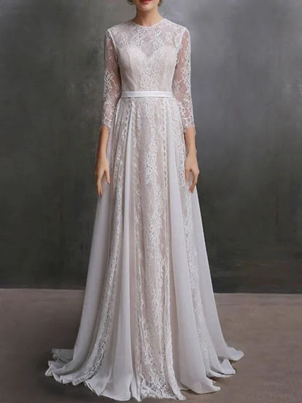 Wedding Dress With Train A-Line Long Sleeves Chiffon Jewel Neck Ivory Bridal Gowns