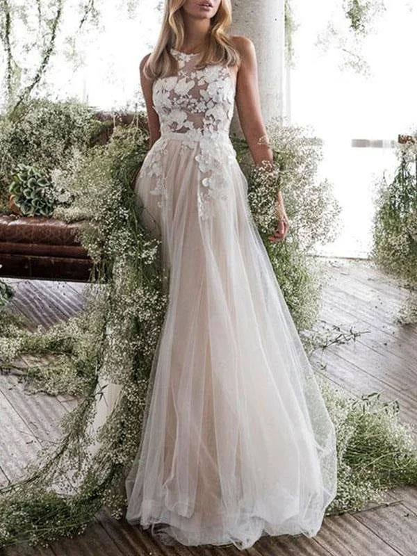 Wedding Dress Jewel Neck A Line Sleeveless Flowers Floorlength Backless Bridal Gowns