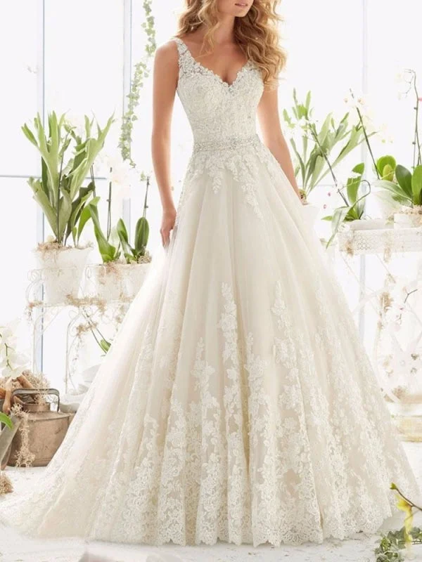 Wedding Dresses V Neck Sleeveless A Line Lace Embellishment Beaded Sash Bridal Dresses With Train