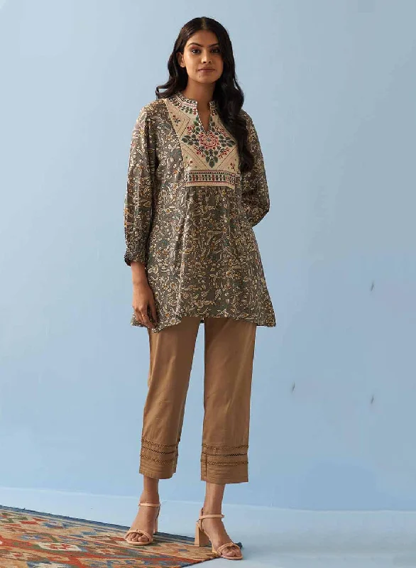 Grey Multi Color Printed Short Tunic with Yoke Embroidery Stylish Women's Neon