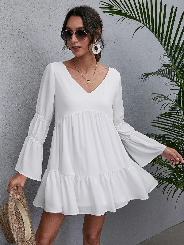 Plain Ruffle Hem Long Sleeve V Neck Flounce High Waist Short Dress