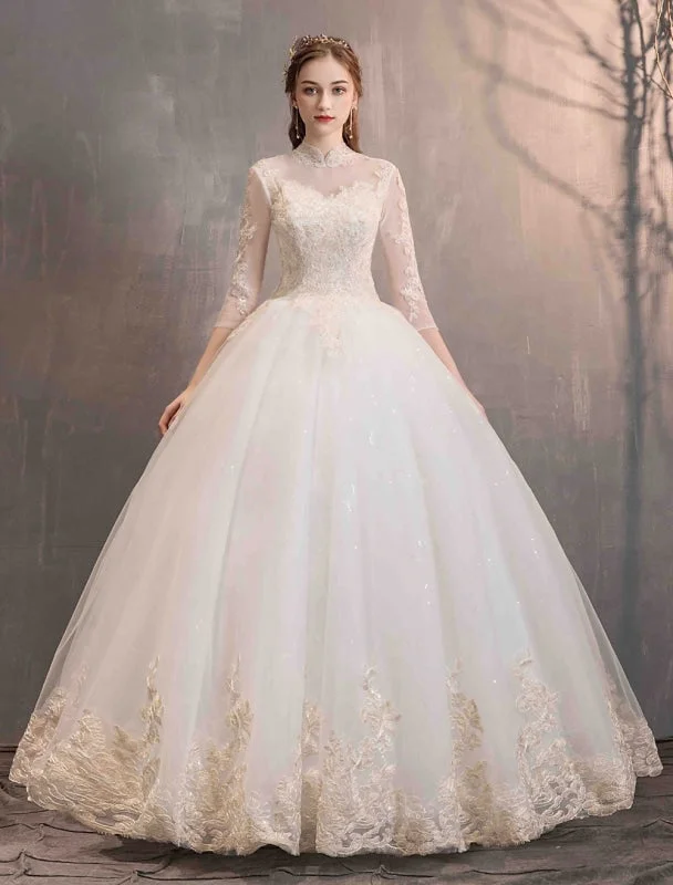 Tulle Wedding Dresses Princess Bridal Gown Illusion Collar Half Sleeve Floor Length Bridal Dress