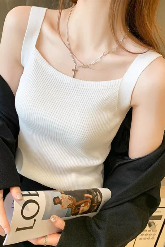 Square Neck Solid Color Knitted Tank Top French