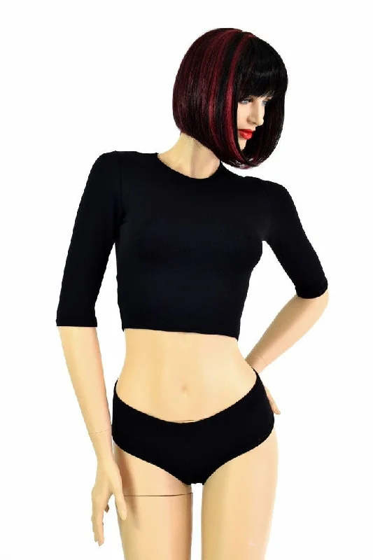Black Half Sleeve Crop Top Elegant Women's Formal 